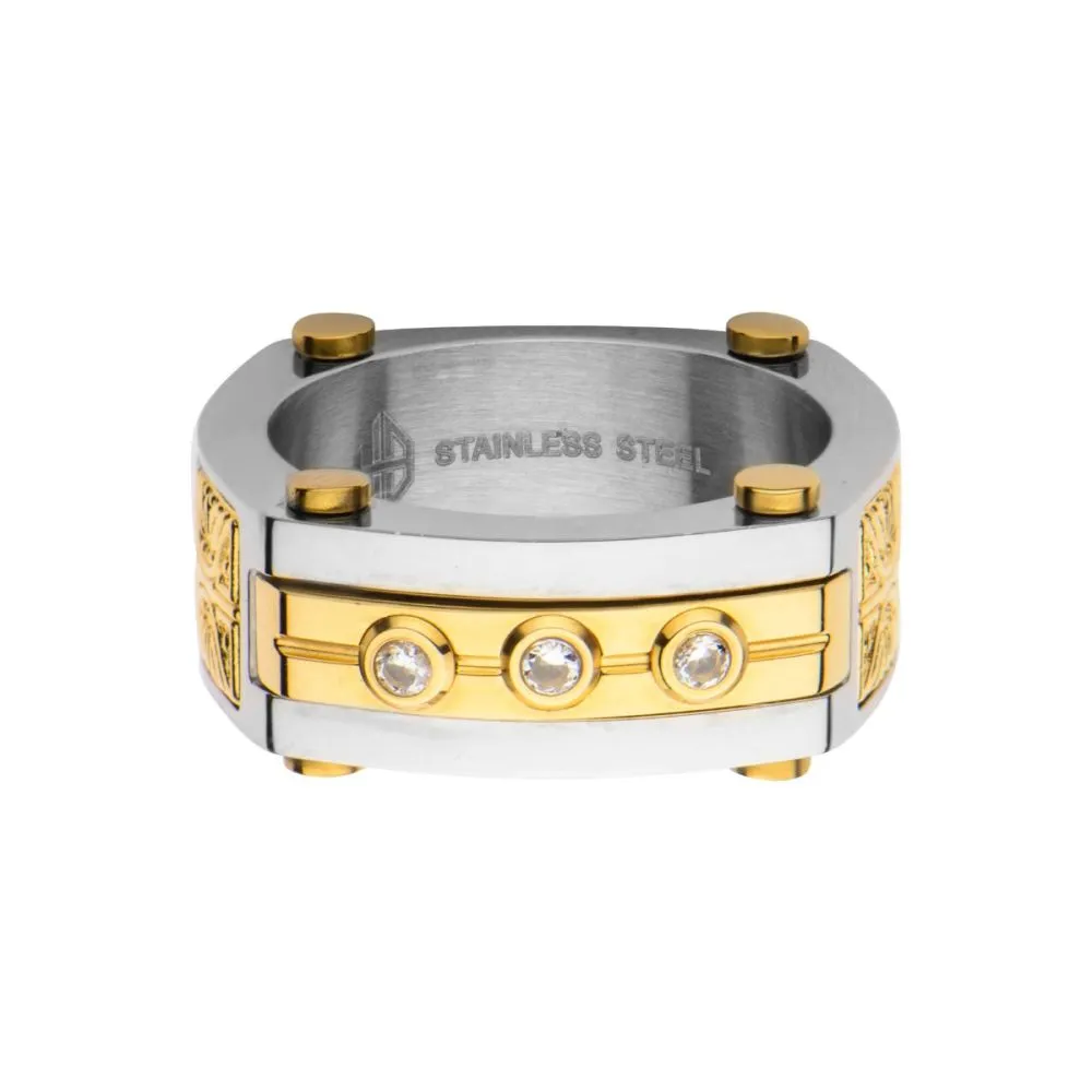 0.02 Carat Clear Genuine Diamond Gold IP Steel Intricate Carved Pattern Ring