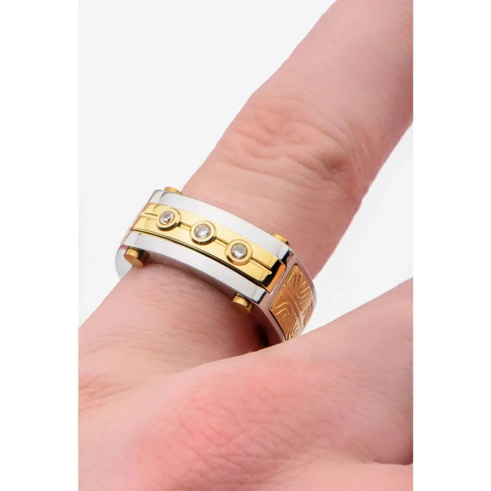 0.02 Carat Clear Genuine Diamond Gold IP Steel Intricate Carved Pattern Ring