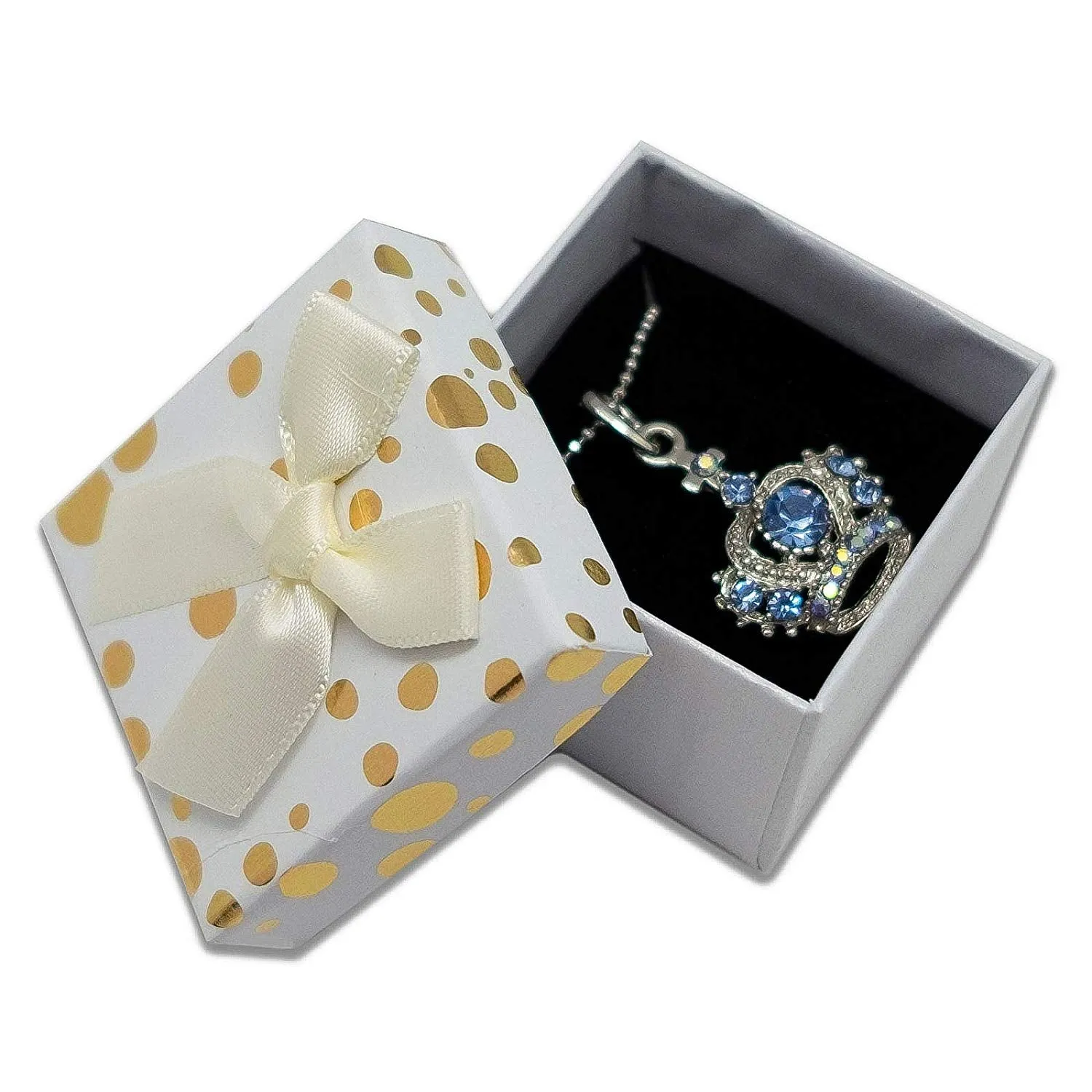 1 3/4" x 1 3/4" White and Gold Polka Dot Cardboard Ribbon Bow Jewelry Box
