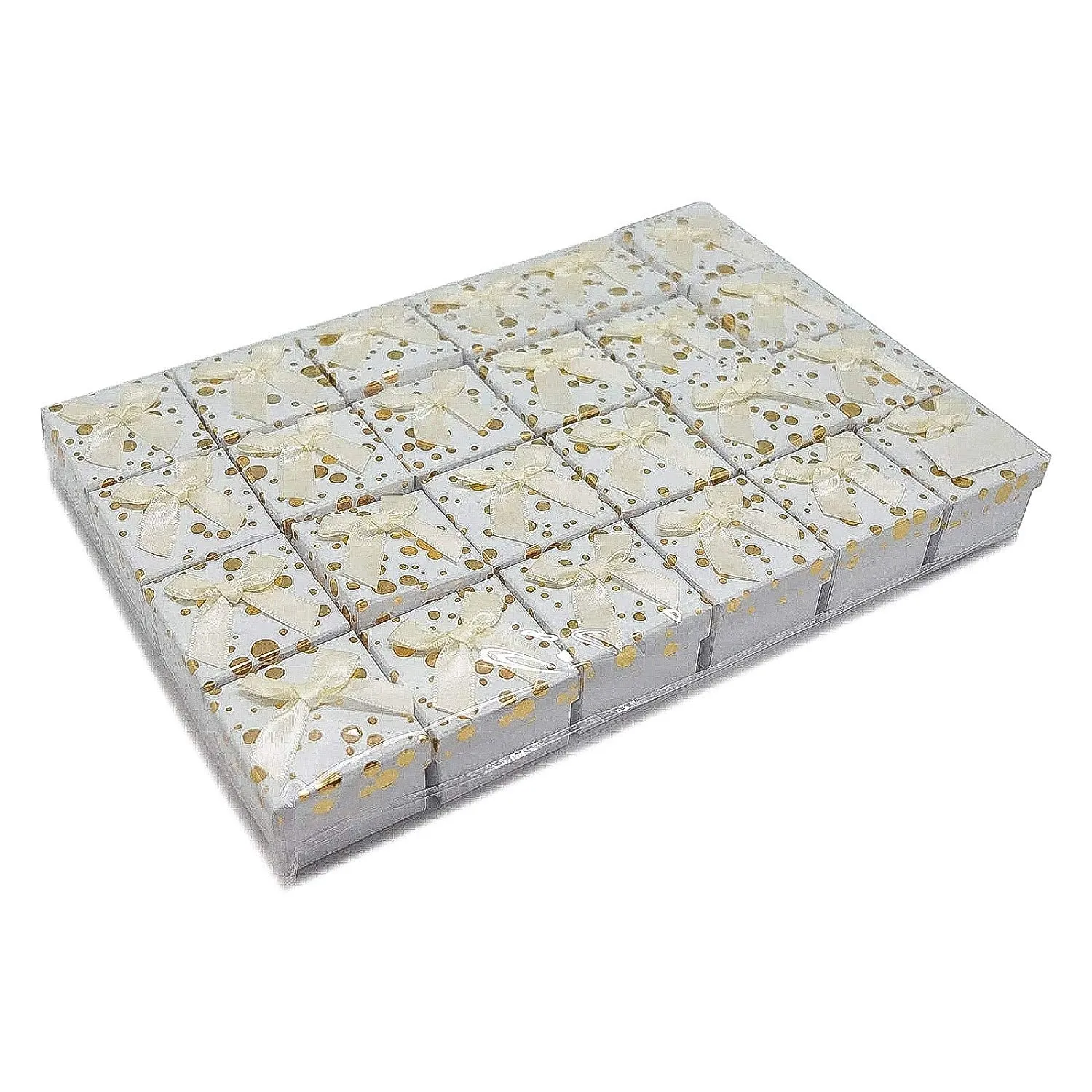 1 3/4" x 1 3/4" White and Gold Polka Dot Cardboard Ribbon Bow Jewelry Box