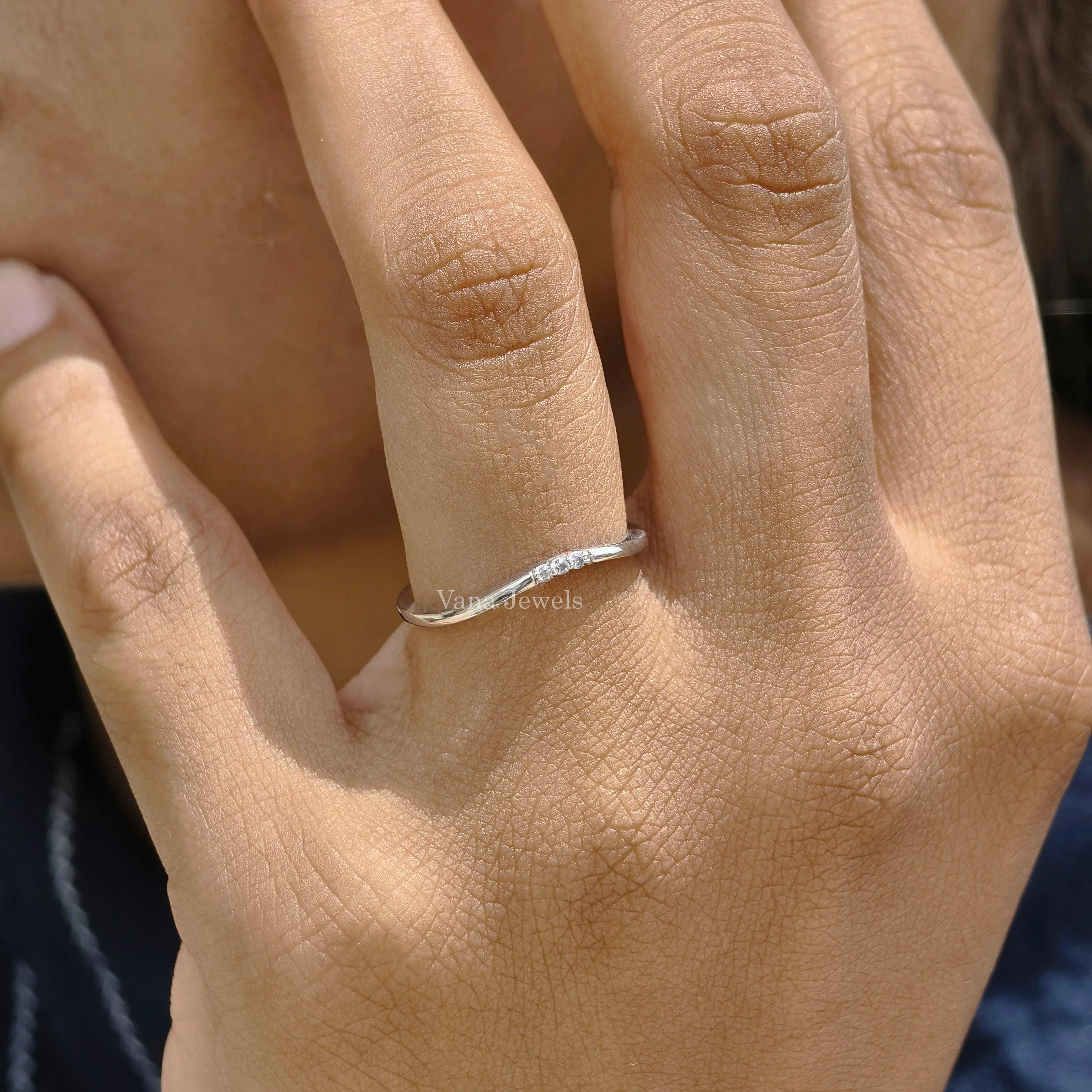 1.20 MM Round Cut Moissanite Curved Wedding Band, Three Stone Diamond Stacking Band.