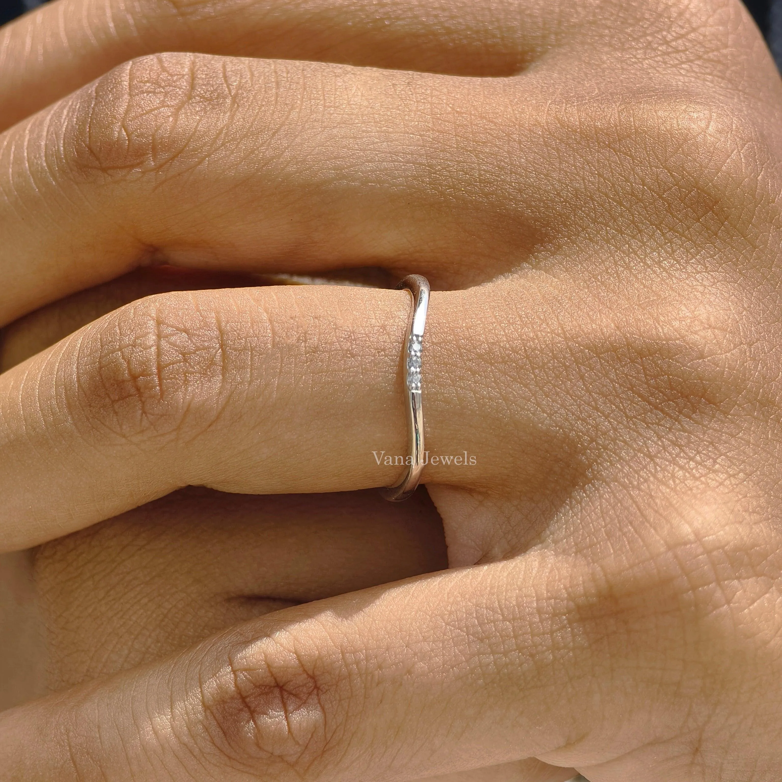 1.20 MM Round Cut Moissanite Curved Wedding Band, Three Stone Diamond Stacking Band.