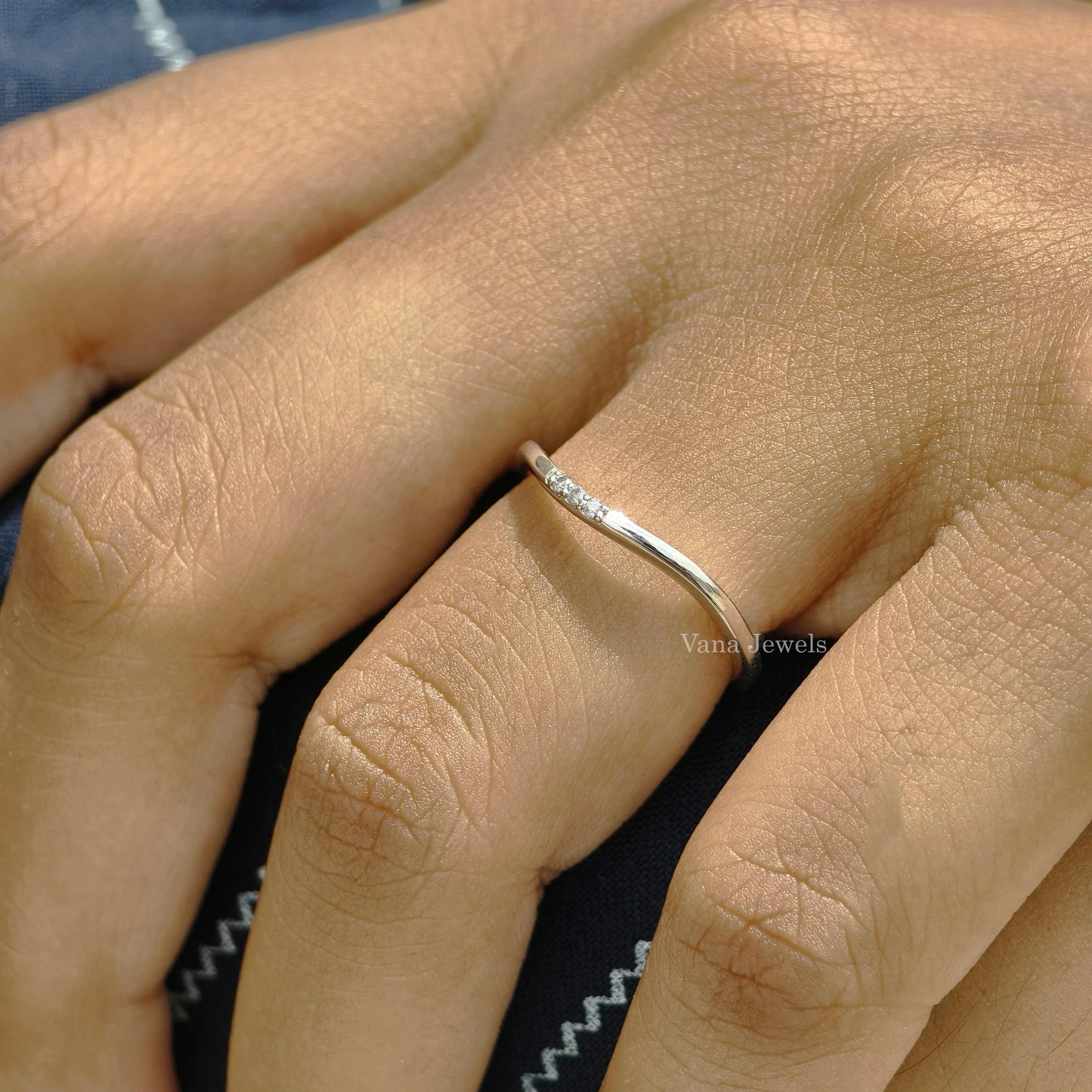 1.20 MM Round Cut Moissanite Curved Wedding Band, Three Stone Diamond Stacking Band.