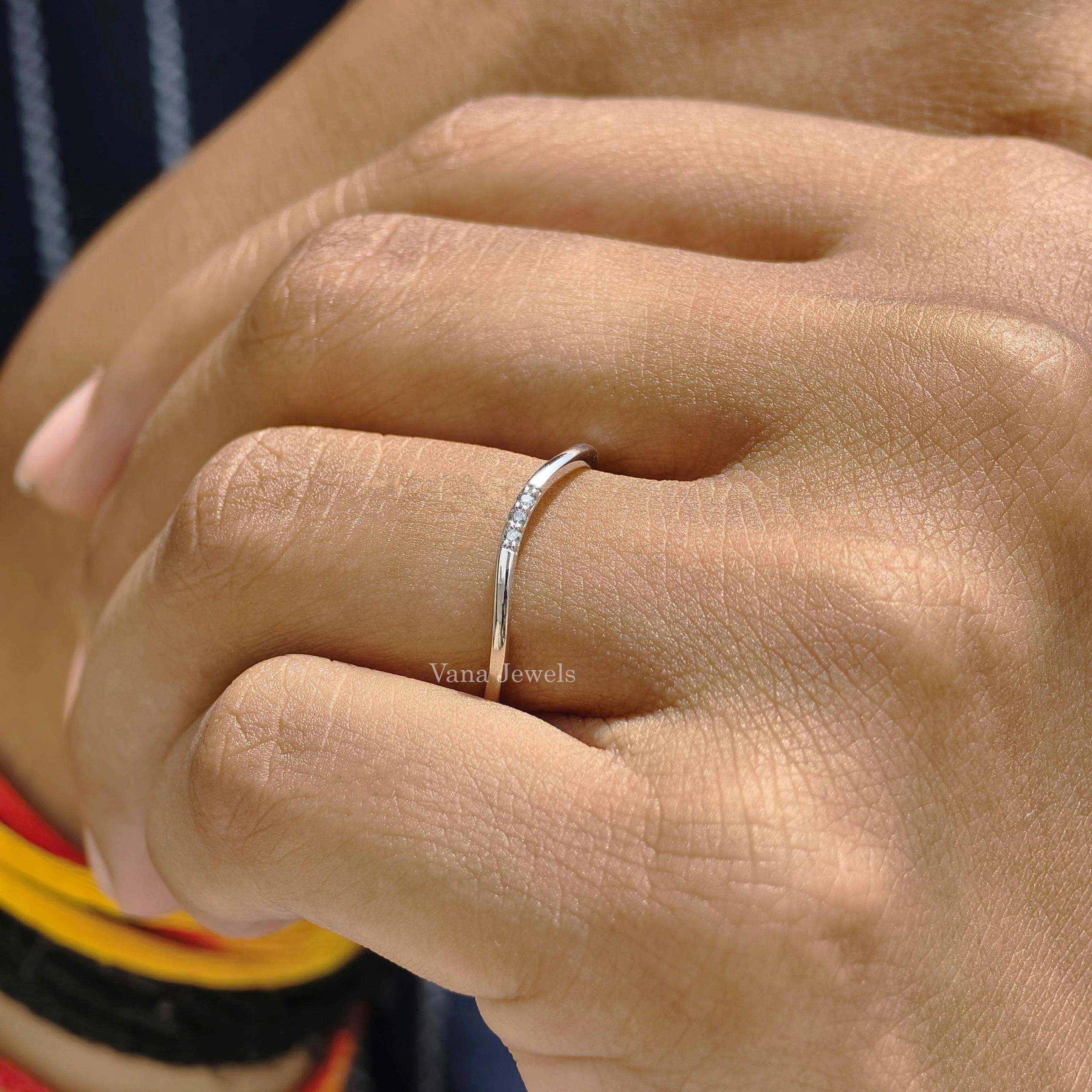 1.20 MM Round Cut Moissanite Curved Wedding Band, Three Stone Diamond Stacking Band.