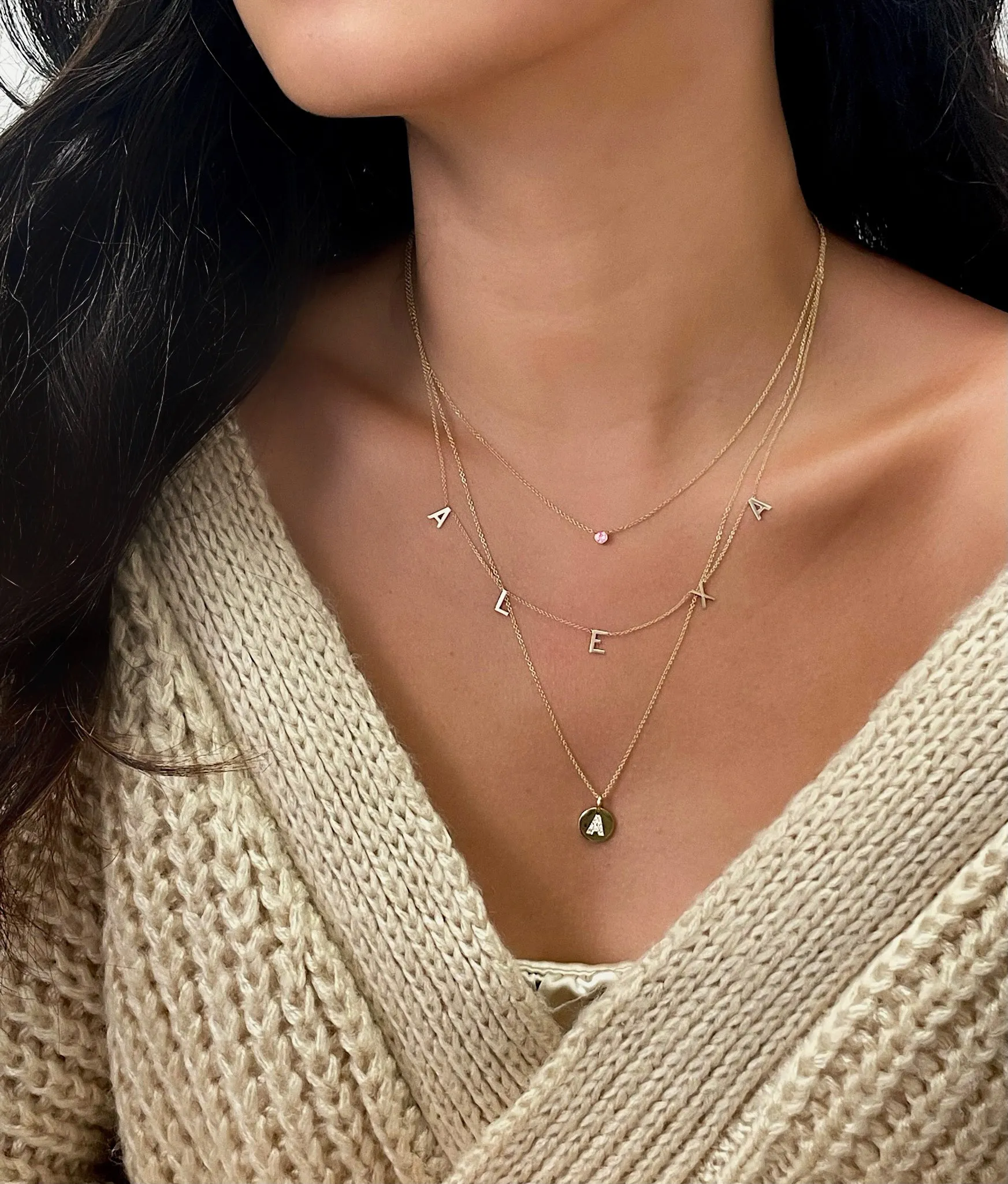 14k Gold Diamond Initial Small Disc Necklace