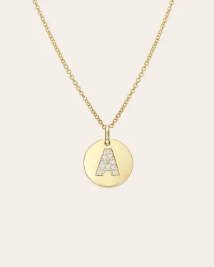 14k Gold Diamond Initial Small Disc Necklace