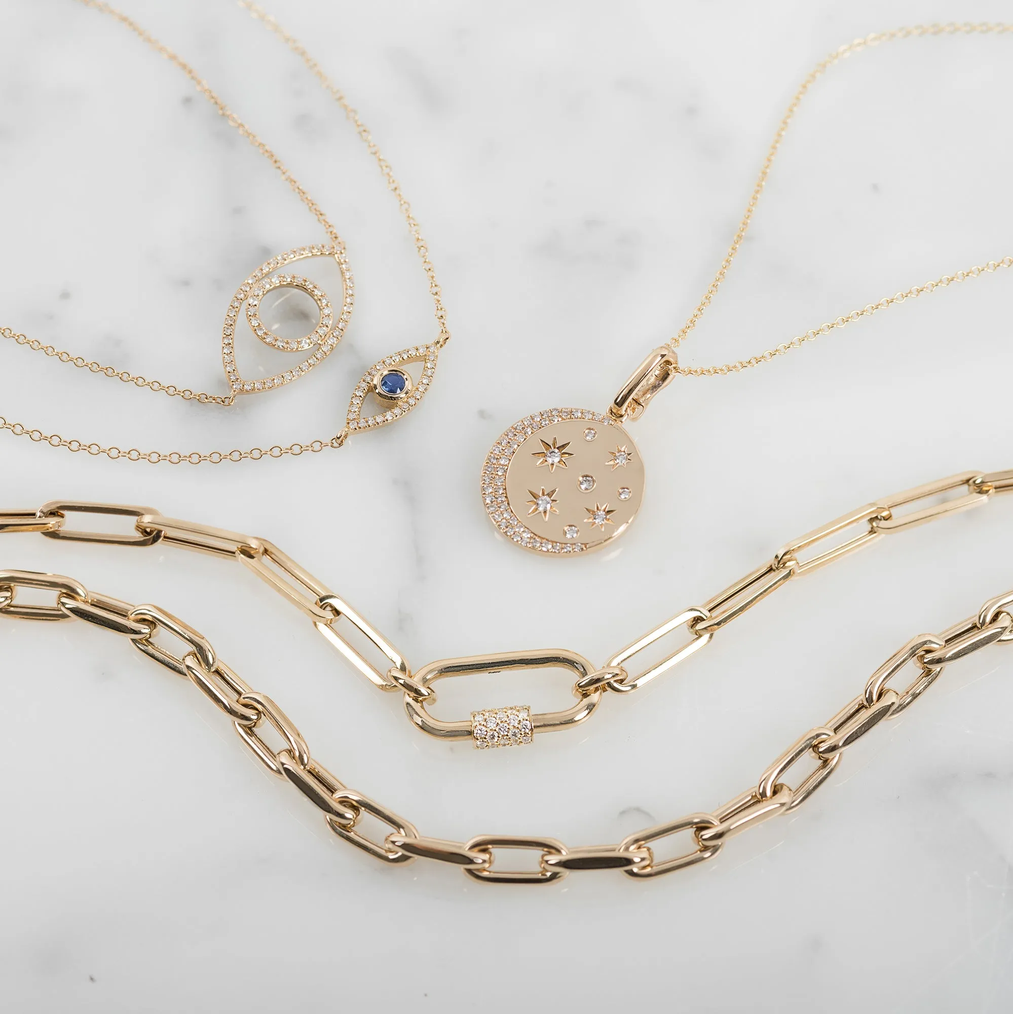 14k Gold Large Paper Clip Chain with Diamond Carabiner Necklace