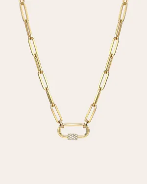 14k Gold Large Paper Clip Chain with Diamond Carabiner Necklace