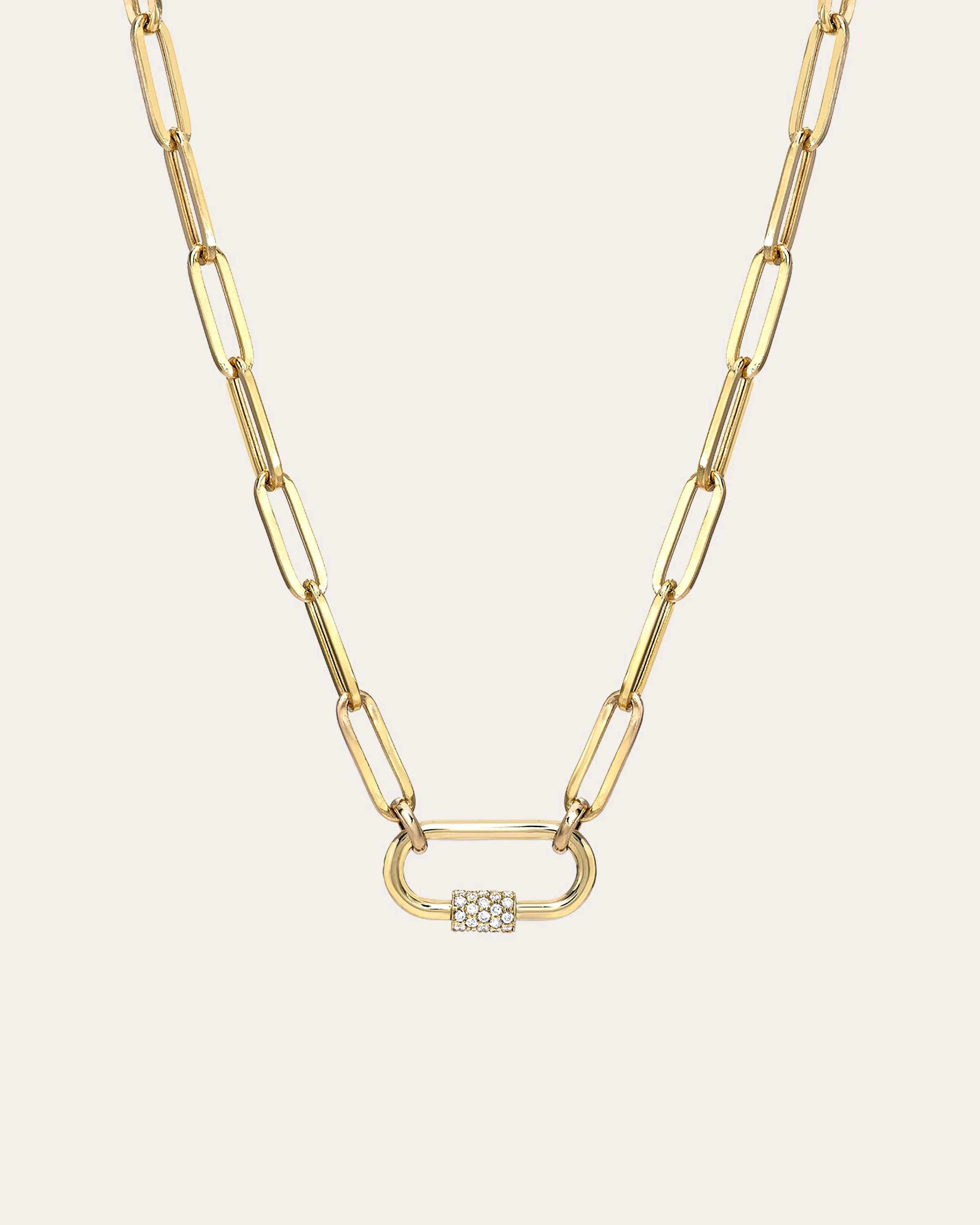 14k Gold Large Paper Clip Chain with Diamond Carabiner Necklace