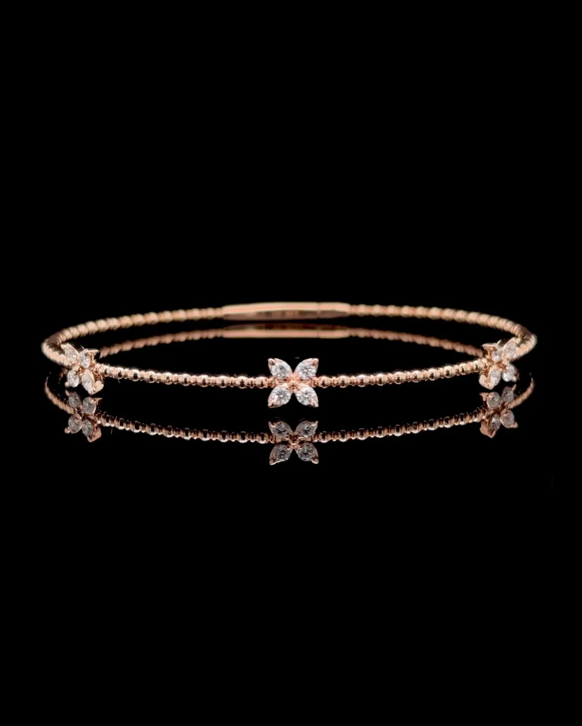 14K Gold Natural Diamond Flowery Flexible Bangle