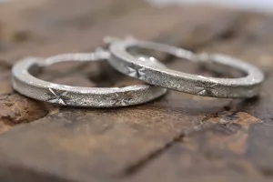14k White Gold HOOP Earrings. 14k Hoop Textured Engraved thin dangle earrings. st58/65