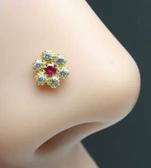 14k Yellow Gold Floral Style Real Gold Pink Nose pin with White stones