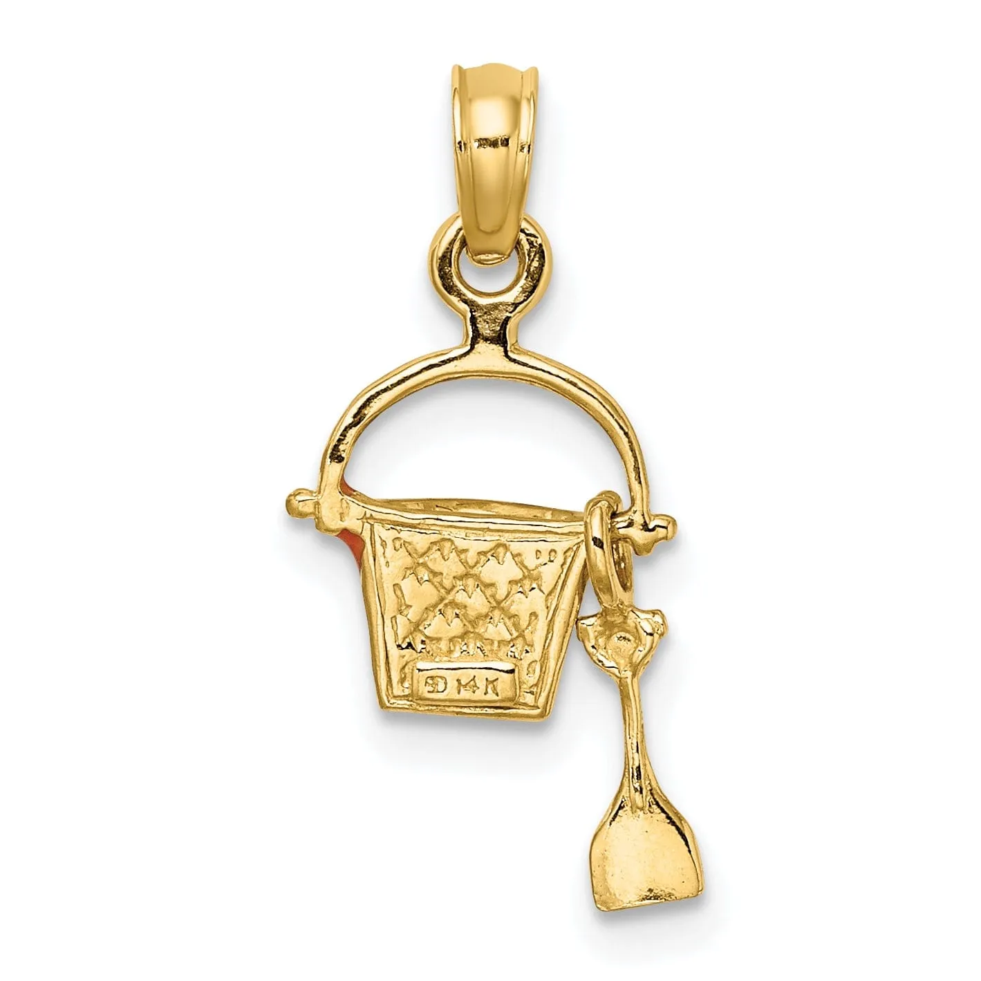 14k Yellow Gold Orange Color Enameled Finish Moveable 2-D Beach Pail with Shovel Charm