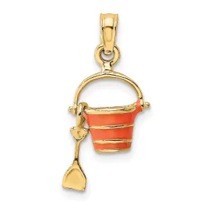 14k Yellow Gold Orange Color Enameled Finish Moveable 2-D Beach Pail with Shovel Charm