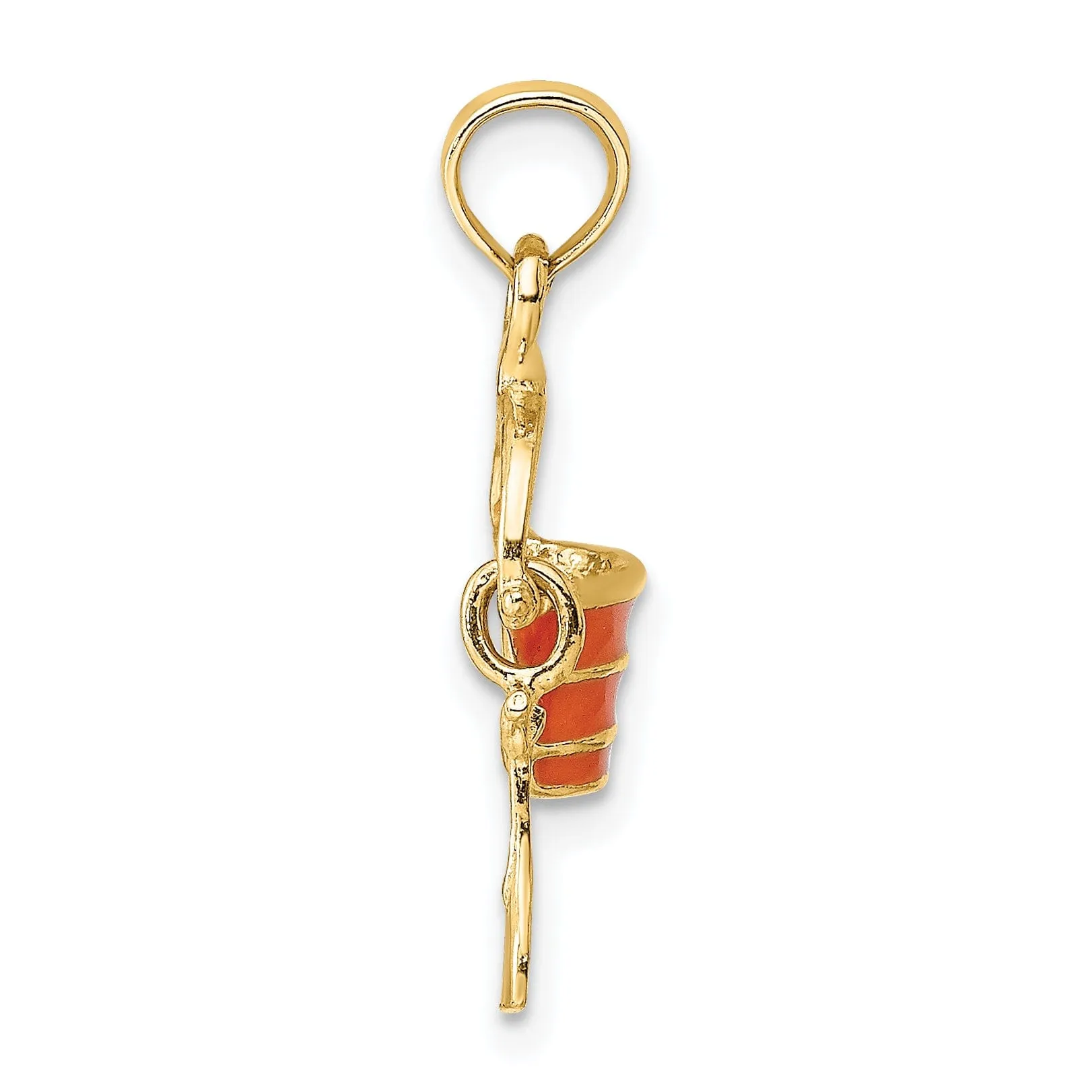 14k Yellow Gold Orange Color Enameled Finish Moveable 2-D Beach Pail with Shovel Charm