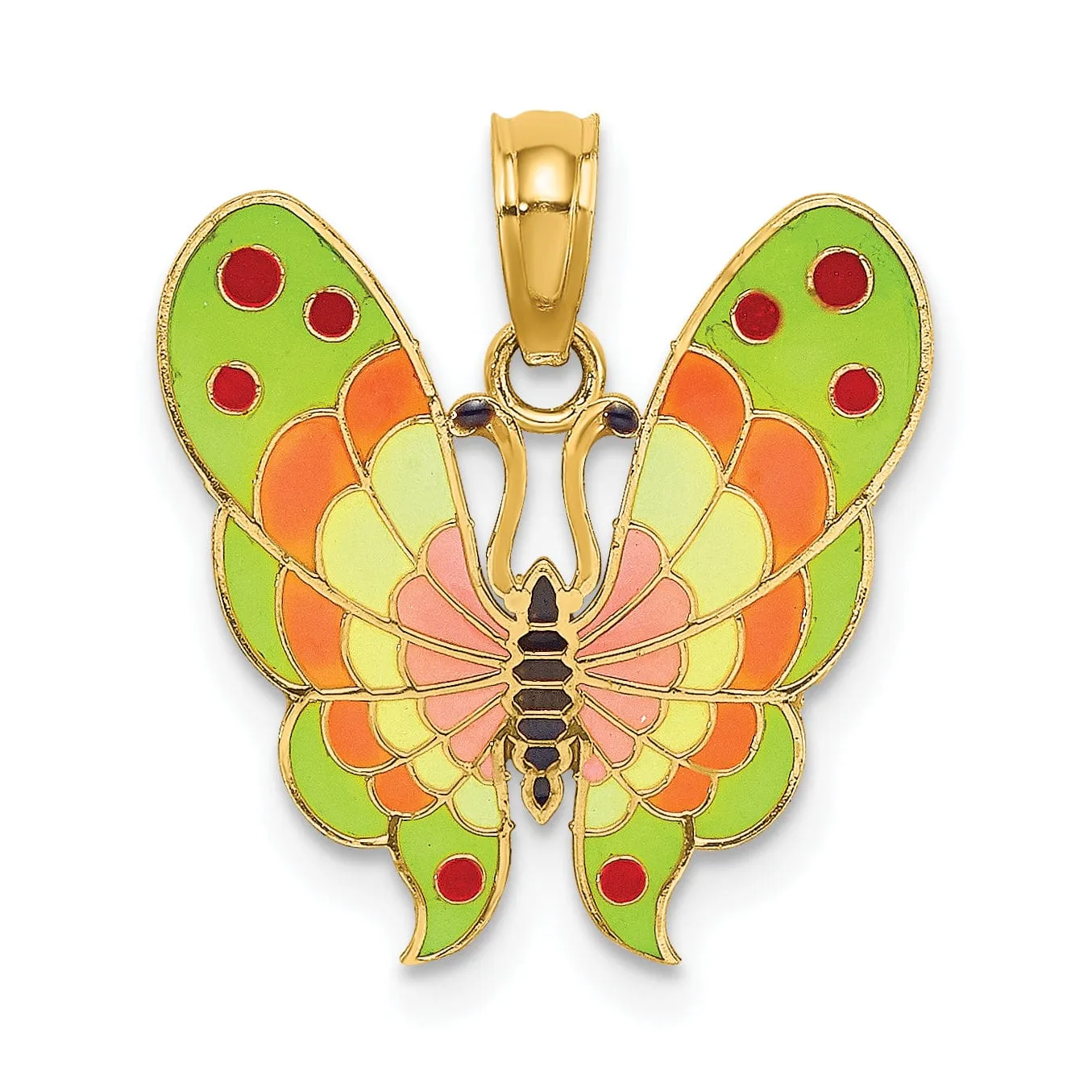 14K Yellow Gold Solid Textured Back Polished Finish with Multi-Color Enamel Butterfly Charm Pendant