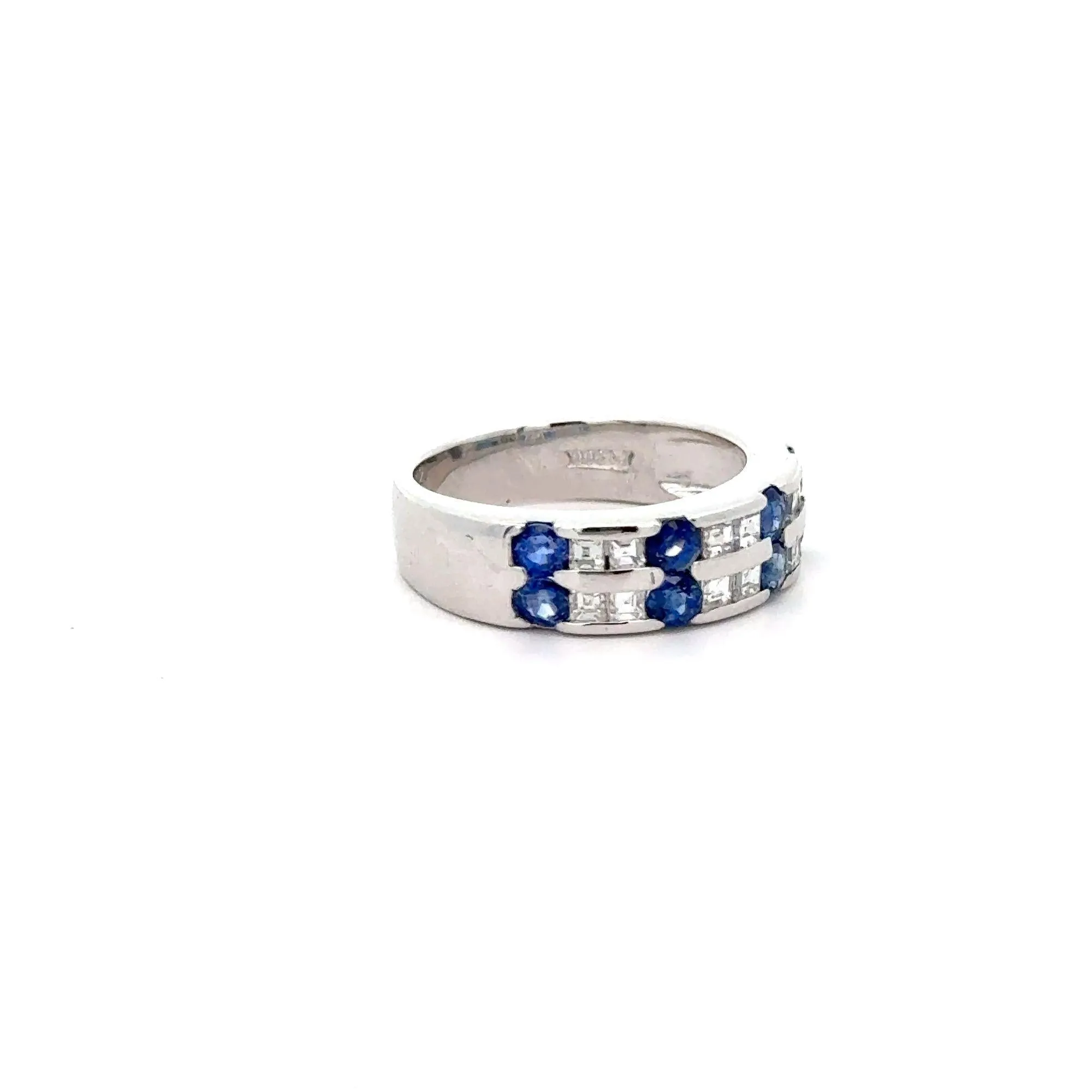 1.58 Carat Blue Round Sapphire & Baguette Diamond Platinum 6MM Band Ring