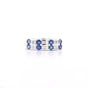 1.58 Carat Blue Round Sapphire & Baguette Diamond Platinum 6MM Band Ring