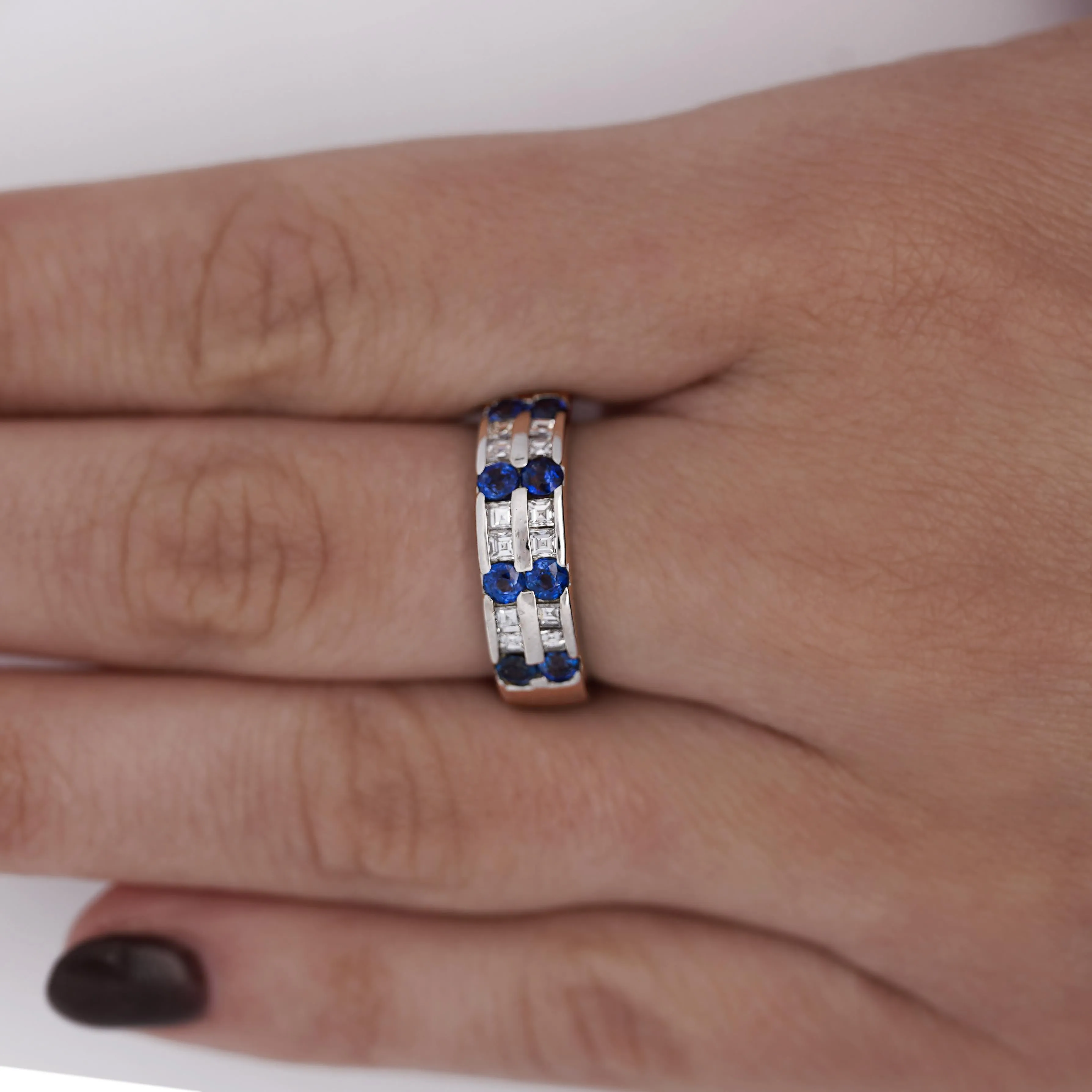 1.58 Carat Blue Round Sapphire & Baguette Diamond Platinum 6MM Band Ring