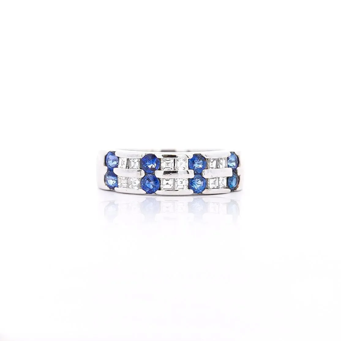 1.58 Carat Blue Round Sapphire & Baguette Diamond Platinum 6MM Band Ring