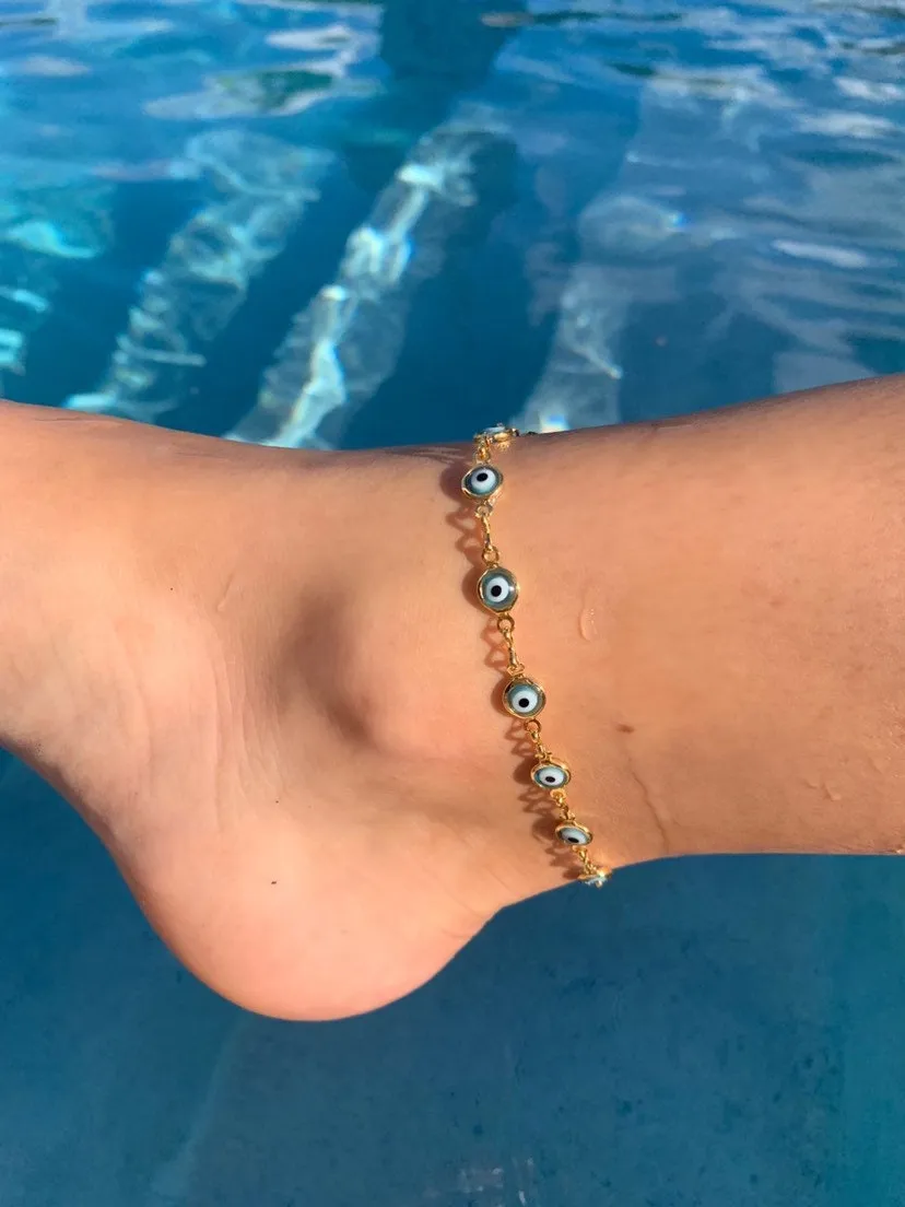 18k Gold Anklet, Anklet With Chain, Eye  Anklet, Gold Anklet Bracelet,  Gold Anklet, Anklets For Women, Blue Eye , Eye Bracelet, mal de ojo