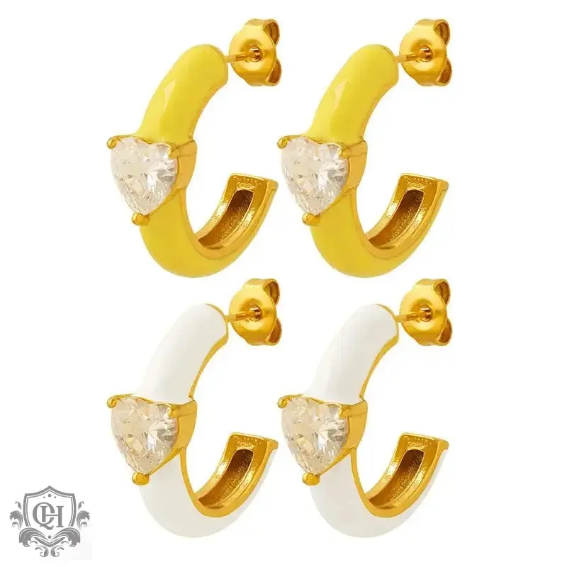 18K Gold C-Shaped Earrings with Heart-Shaped Zirconia