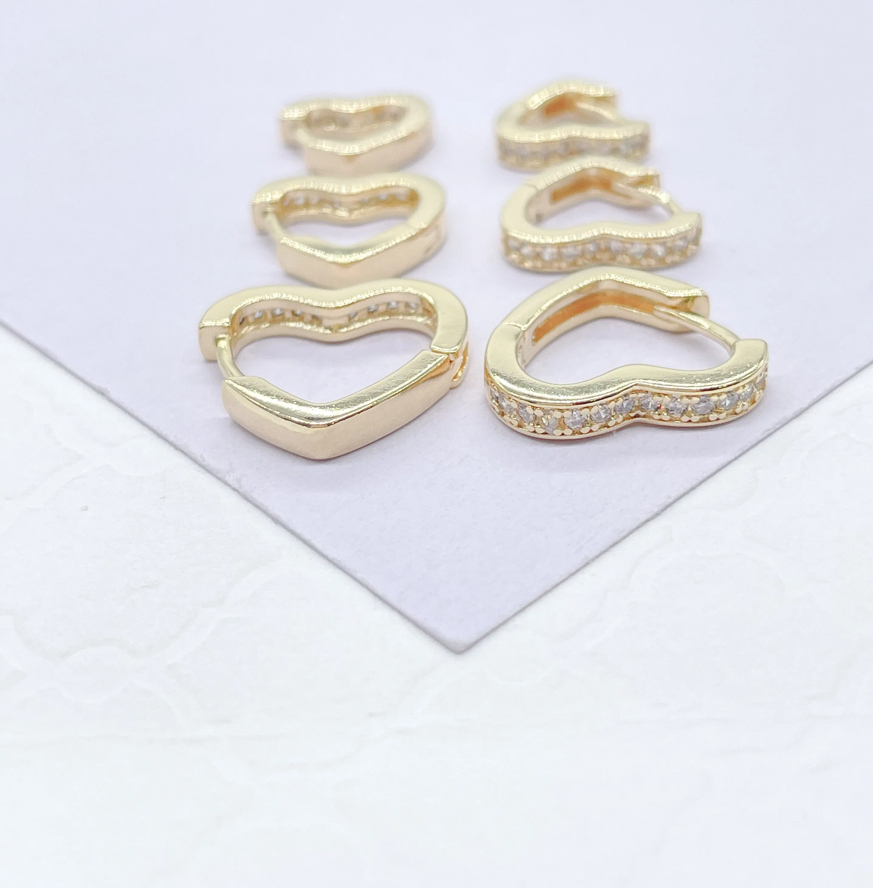 18k Gold Filled Set of 3 Simple Heart  Shaped CZ stone Huggie Earrings