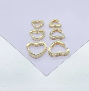 18k Gold Filled Set of 3 Simple Heart  Shaped CZ stone Huggie Earrings