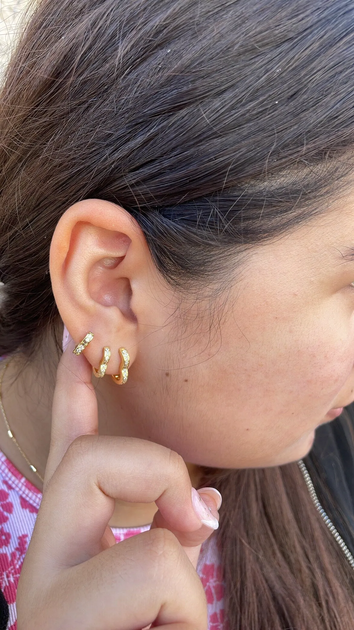 18k Gold Filled Set of 3 Simple Heart  Shaped CZ stone Huggie Earrings