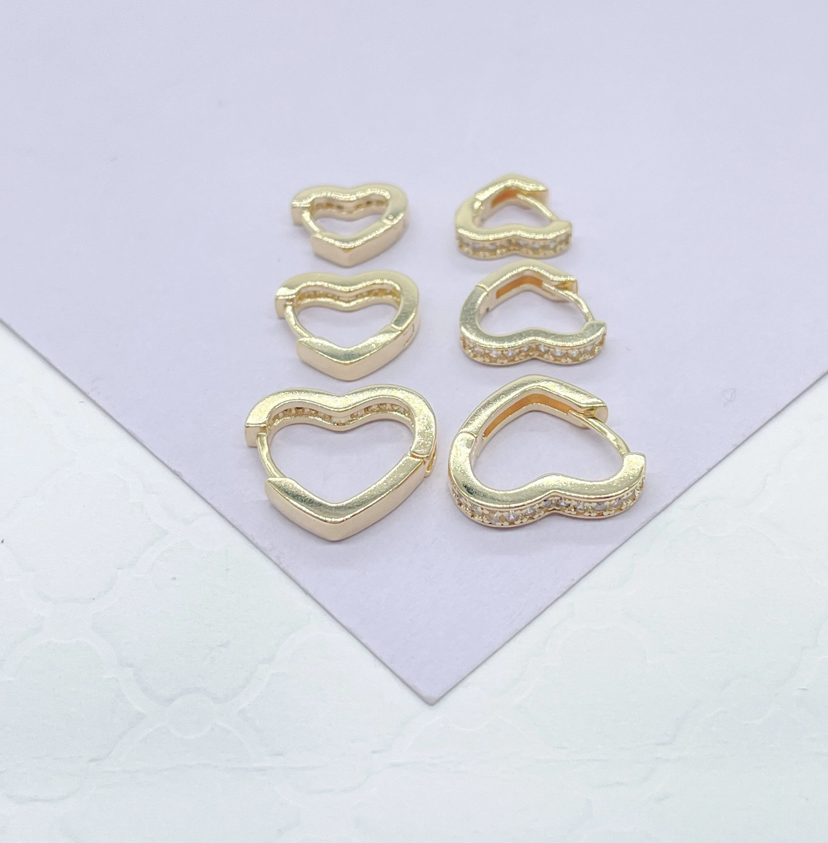 18k Gold Filled Set of 3 Simple Heart  Shaped CZ stone Huggie Earrings
