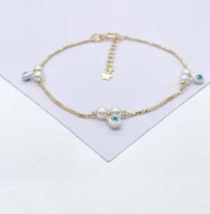 18k Gold Filled Simple Dainty Pearl Bracelet With Dangling Blue Evil Eye Charms