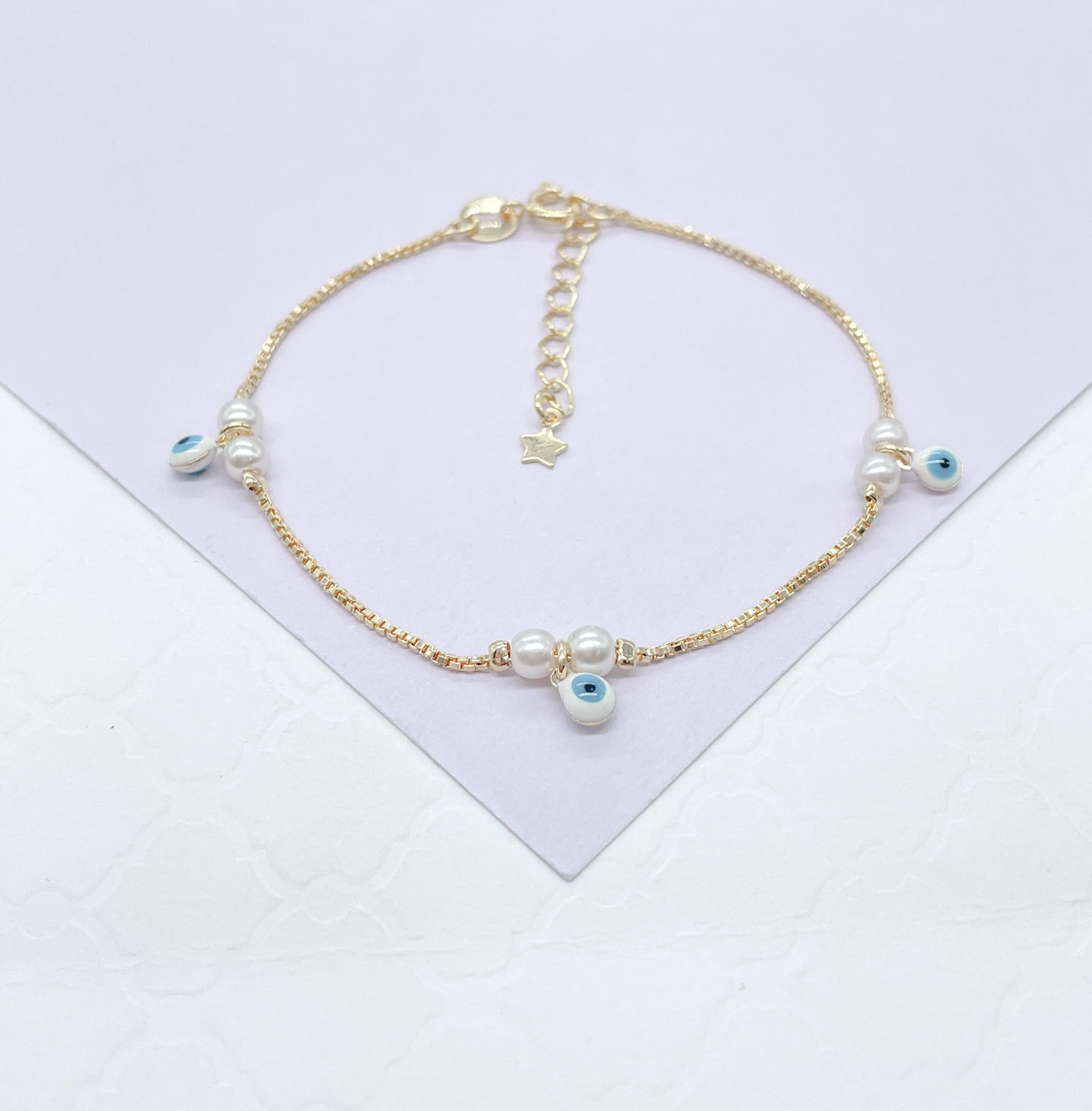 18k Gold Filled Simple Dainty Pearl Bracelet With Dangling Blue Evil Eye Charms
