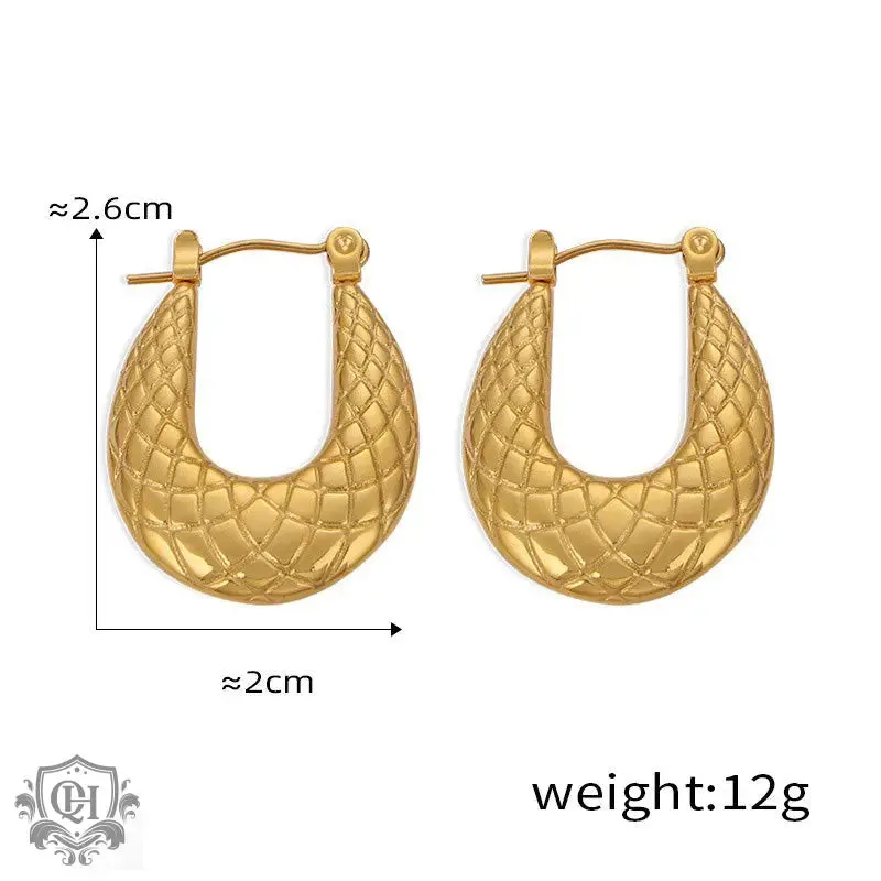 18K gold trendy personality geometric U-shaped earrings with texture design