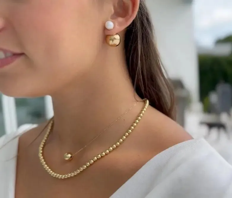 18K Solid Gold Cultivated Pearl and Back Large Ball Earrings