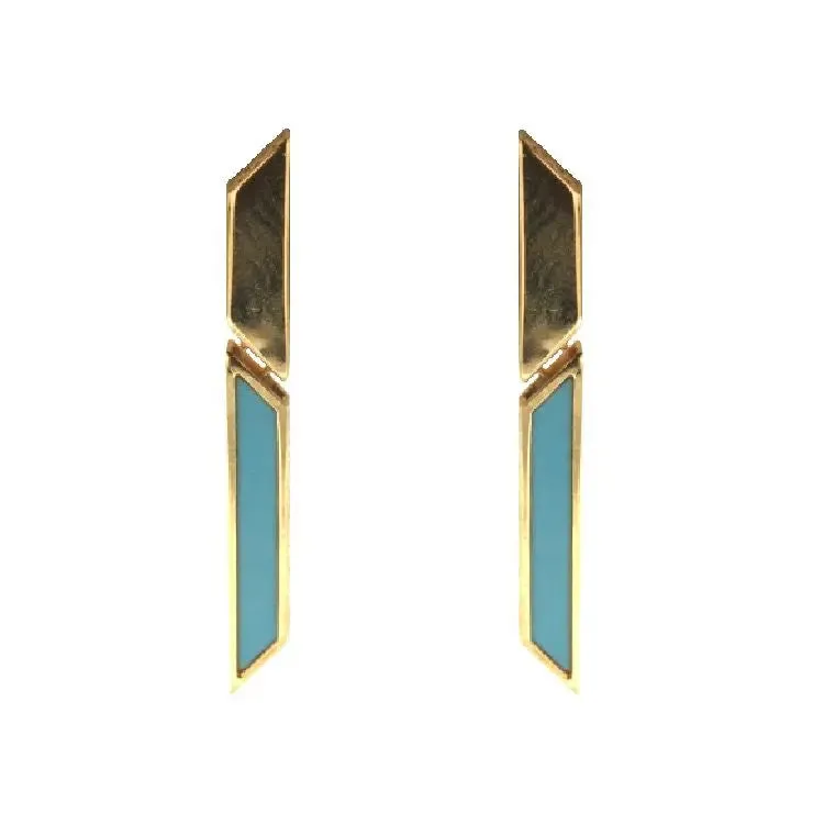 18K Solid Yellow Gold Modern Dangle Post Earrings.