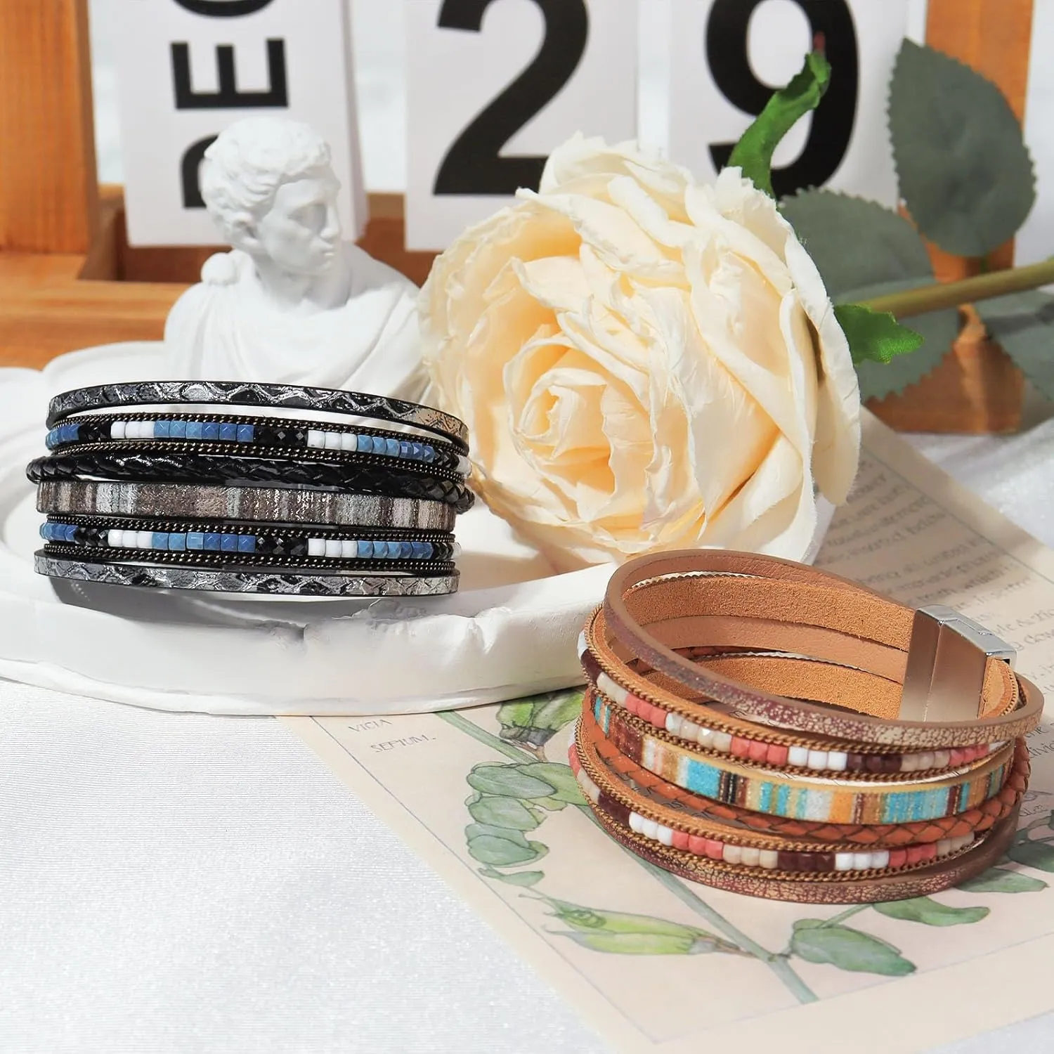 2 Pcs Leather Wrap Bracelets for Women Boho Rustic Multi-Layer Bracelet Clasp Beads Stackable Faux Rhinestone Bracelet Cuff for Women Slender Wrist