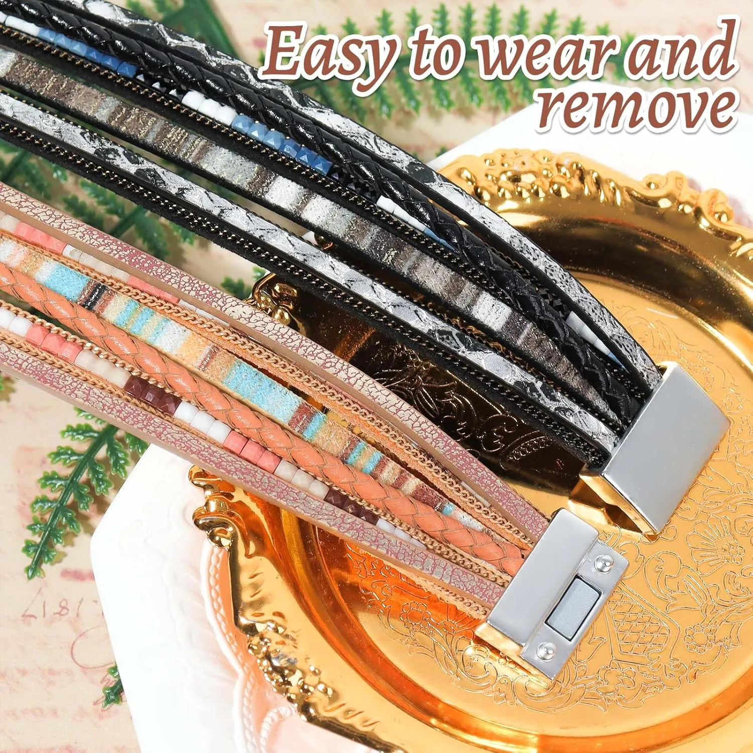 2 Pcs Leather Wrap Bracelets for Women Boho Rustic Multi-Layer Bracelet Clasp Beads Stackable Faux Rhinestone Bracelet Cuff for Women Slender Wrist