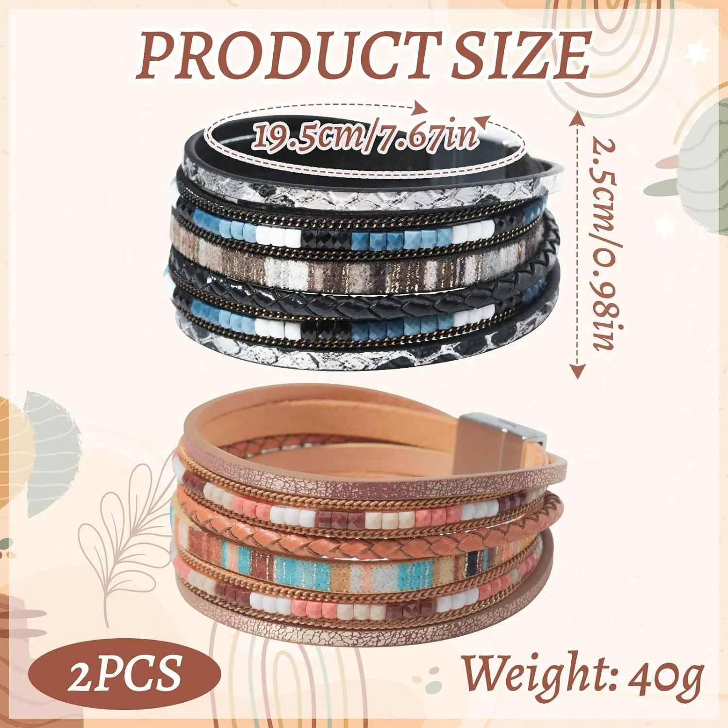 2 Pcs Leather Wrap Bracelets for Women Boho Rustic Multi-Layer Bracelet Clasp Beads Stackable Faux Rhinestone Bracelet Cuff for Women Slender Wrist