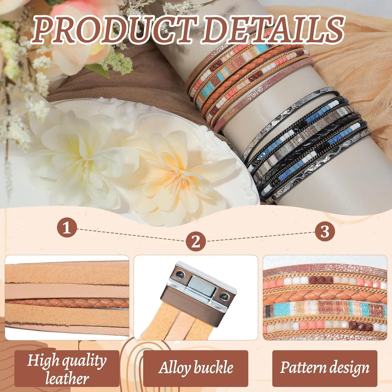 2 Pcs Leather Wrap Bracelets for Women Boho Rustic Multi-Layer Bracelet Clasp Beads Stackable Faux Rhinestone Bracelet Cuff for Women Slender Wrist