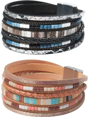 2 Pcs Leather Wrap Bracelets for Women Boho Rustic Multi-Layer Bracelet Clasp Beads Stackable Faux Rhinestone Bracelet Cuff for Women Slender Wrist