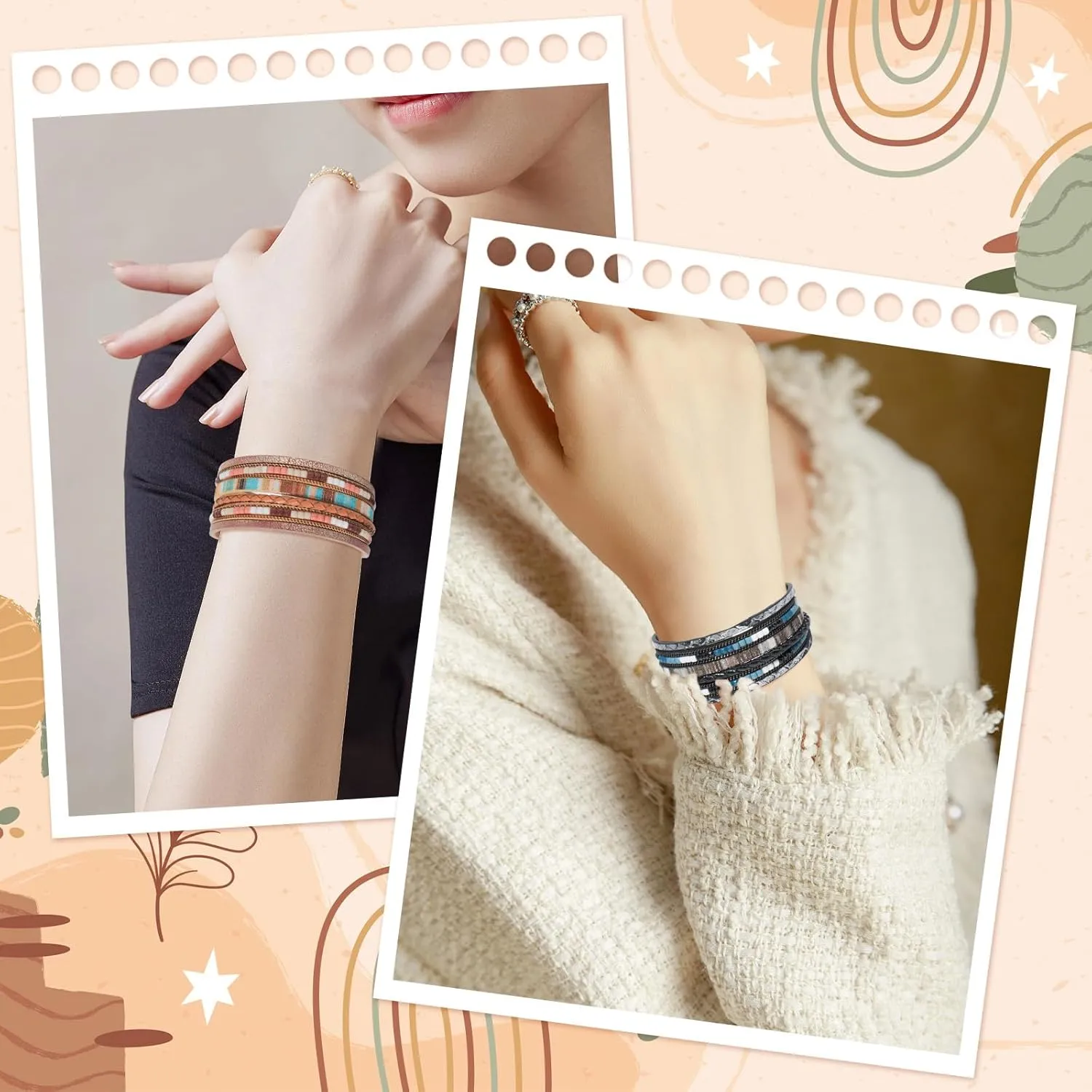 2 Pcs Leather Wrap Bracelets for Women Boho Rustic Multi-Layer Bracelet Clasp Beads Stackable Faux Rhinestone Bracelet Cuff for Women Slender Wrist