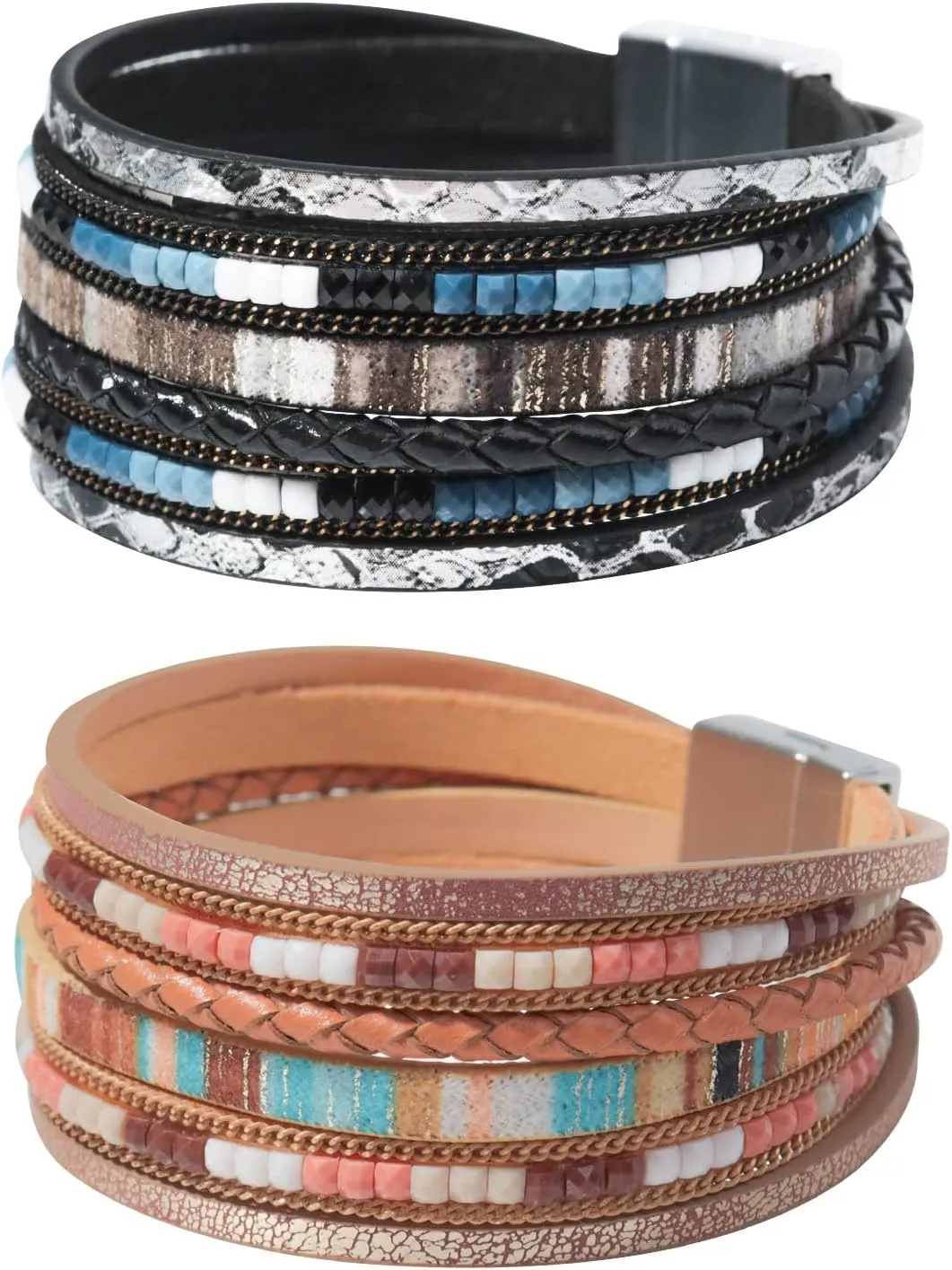 2 Pcs Leather Wrap Bracelets for Women Boho Rustic Multi-Layer Bracelet Clasp Beads Stackable Faux Rhinestone Bracelet Cuff for Women Slender Wrist
