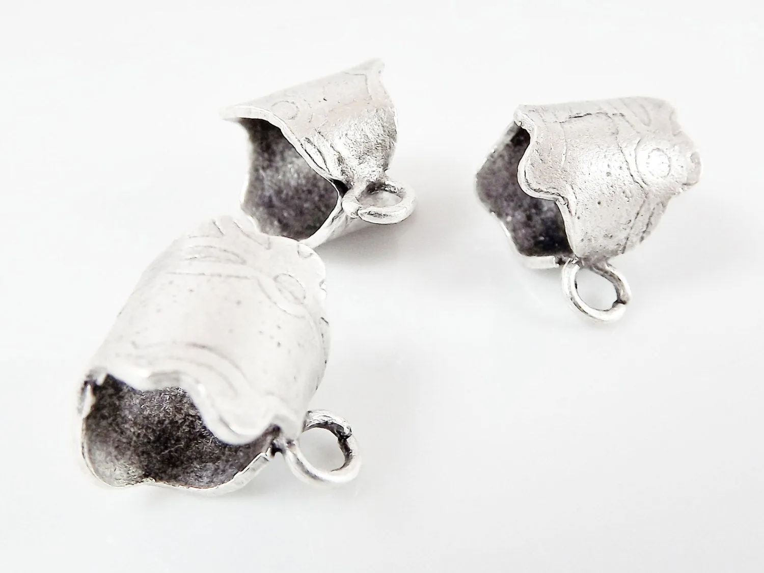 3 Unusual Textured Pendant Bails - Matte Silver Plated