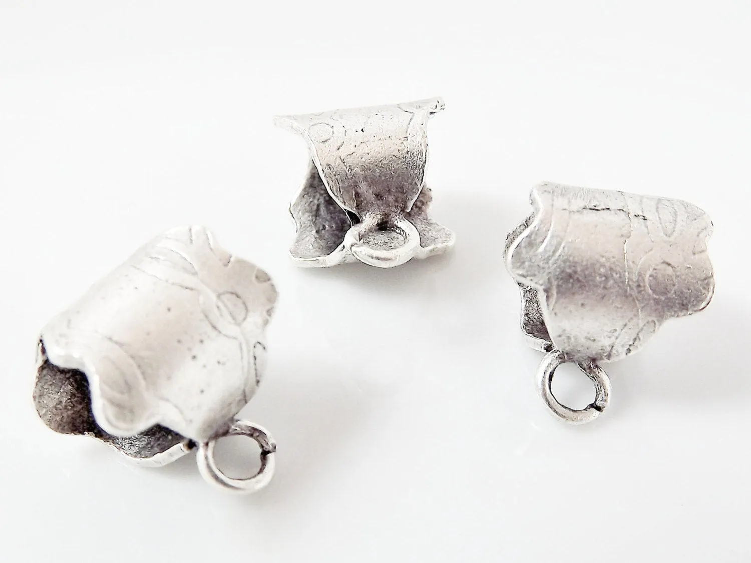 3 Unusual Textured Pendant Bails - Matte Silver Plated