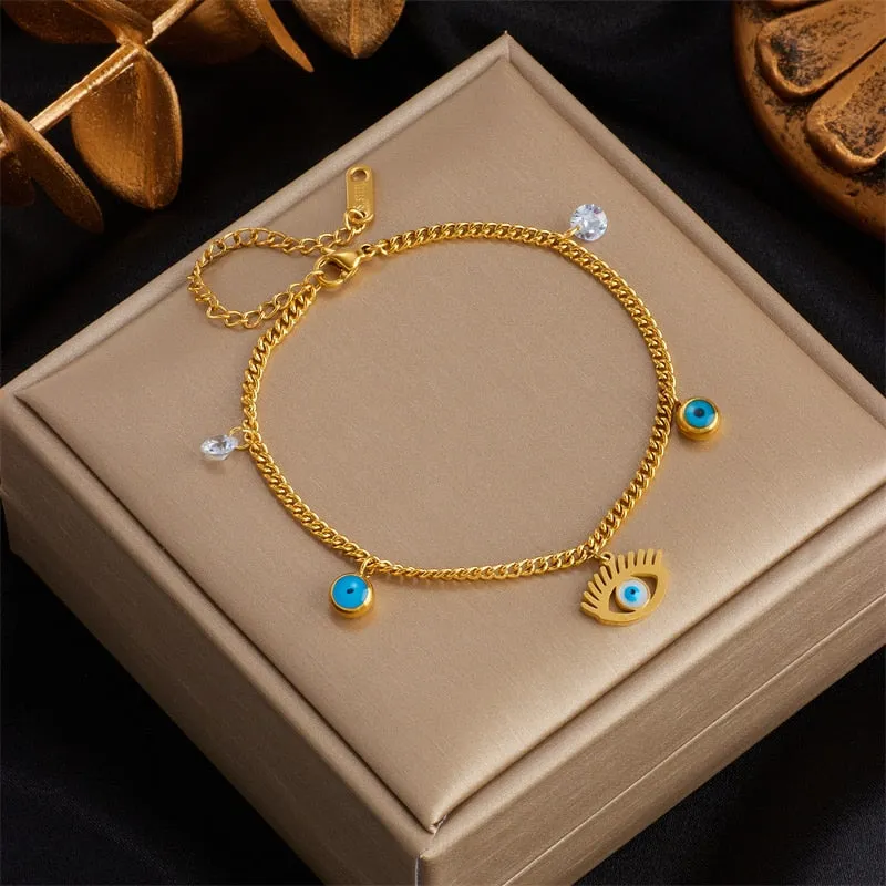316L Stainless Steel Blue Eyes Zircon Charm Bracelet for Women