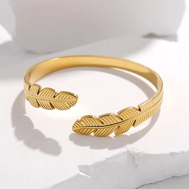 316L Stainless Steel Feather Cuff Bracelet For Women