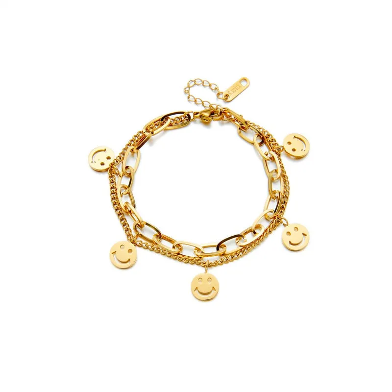 316L Stainless Steel Gold Color 2 Layer Smile Charm Bracelet For Women