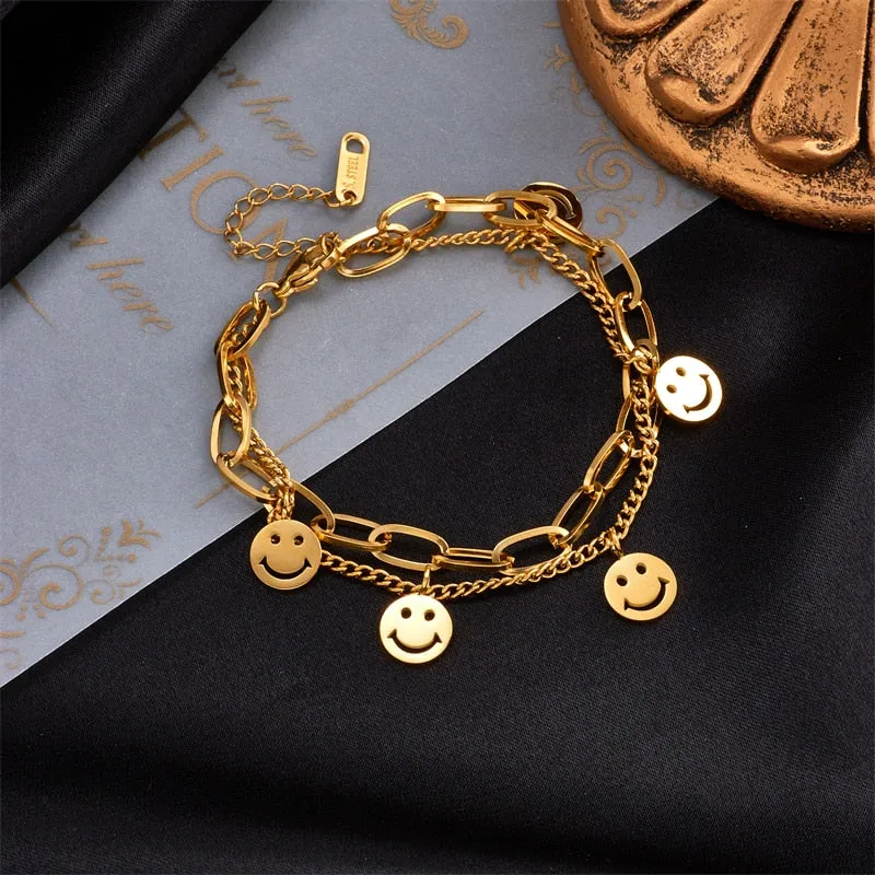 316L Stainless Steel Gold Color 2 Layer Smile Charm Bracelet For Women