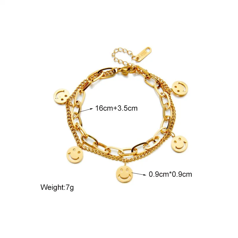 316L Stainless Steel Gold Color 2 Layer Smile Charm Bracelet For Women