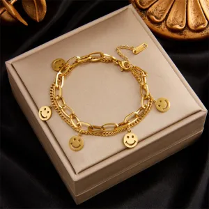 316L Stainless Steel Gold Color 2 Layer Smile Charm Bracelet For Women
